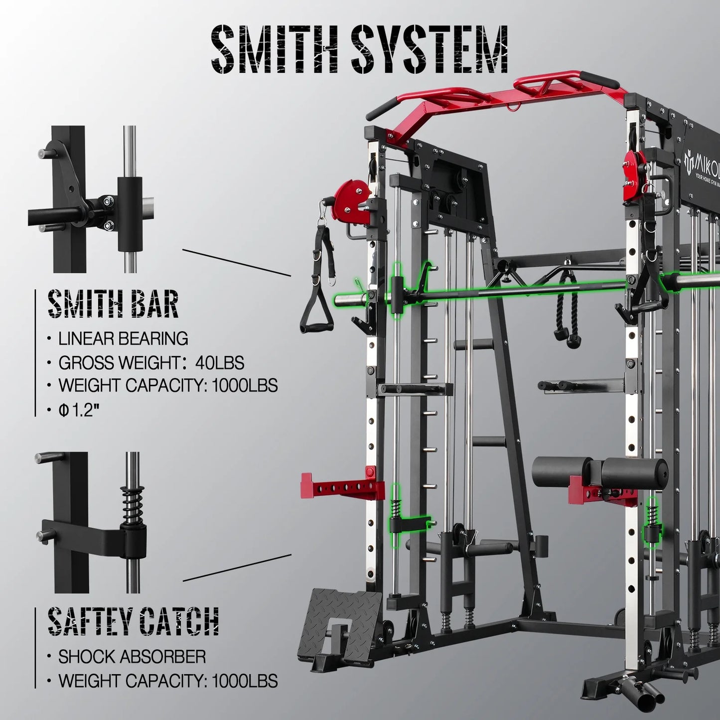 Smith Machine Home Gym, 2200 Lbs Power Rack Cage with 800 Lbs Weight Bench and Cable Crossover System, Weight Bar, 360Â° Landmine, Home Gym